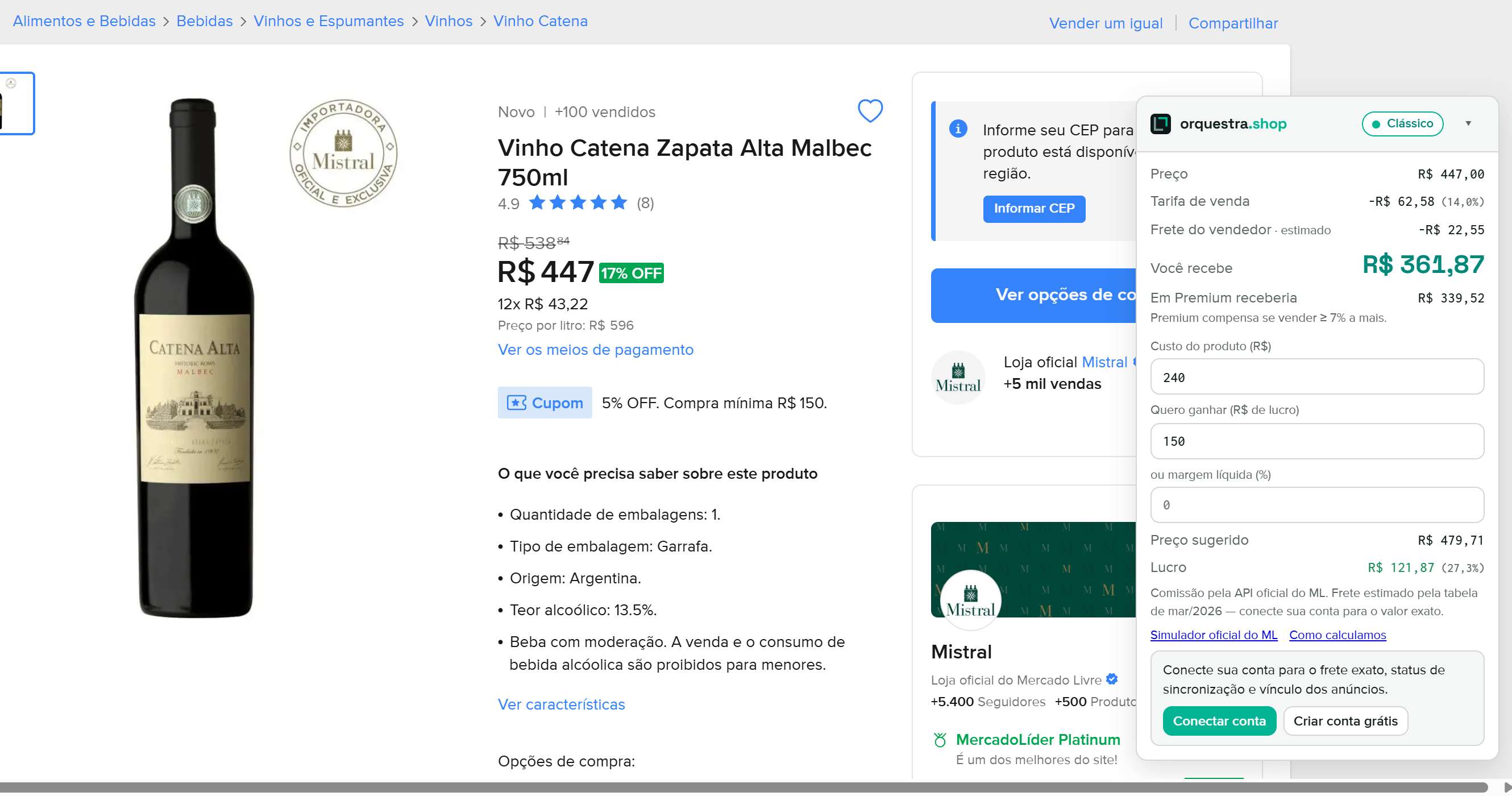 Extensão OrquestraShop sobre um anúncio real do Mercado Livre mostrando tarifa, frete, você recebe e o preço sugerido.