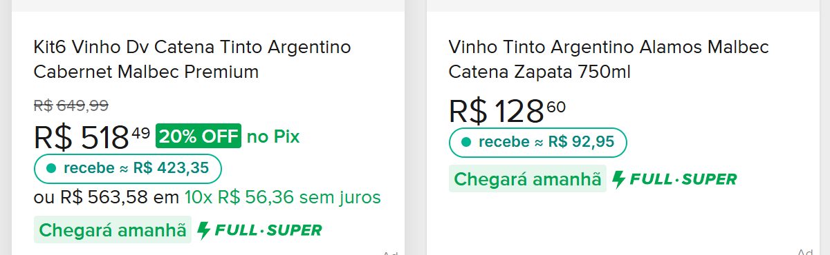 Resultados de busca do Mercado Livre com o selo da extensão mostrando quanto o vendedor recebe em cada anúncio.