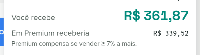 Comparador Clássico x Premium mostrando quanto o vendedor recebe em cada tipo e o ponto de equilíbrio 'Premium compensa se vender ao menos X% a mais'.