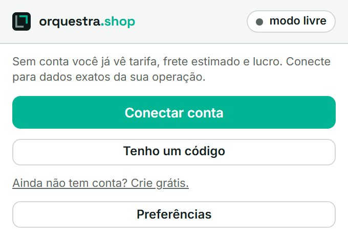 Popup da extensão OrquestraShop com a opção de conectar a conta e trocar de empresa.